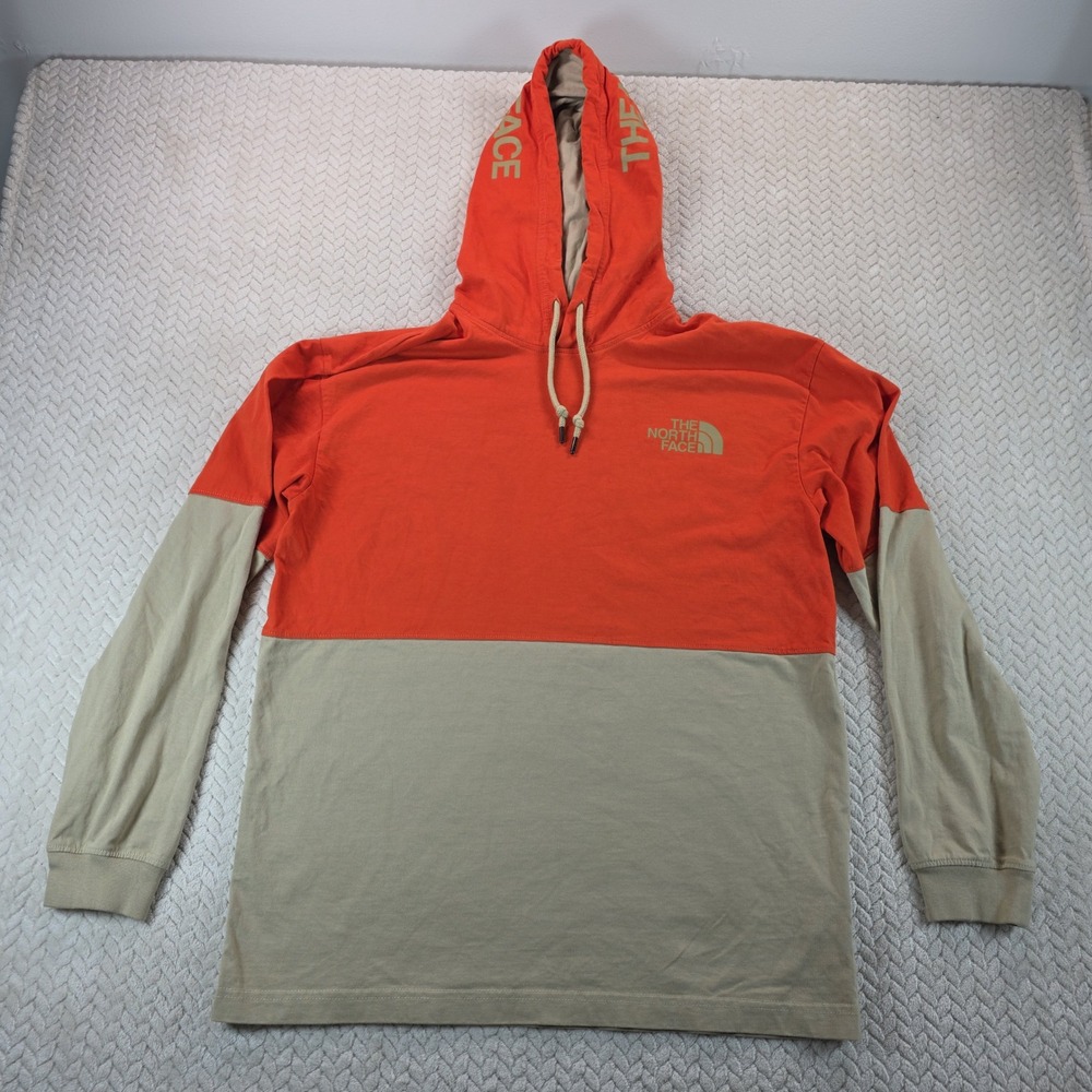 The North Face Mens Orange Khaki Colorblock Hooded Long Sleeve Tee Shirt M